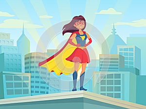 Super woman watching city. Wonder hero girl in suit with cloak at town roof. Comic female superhero on cityscape vector photo