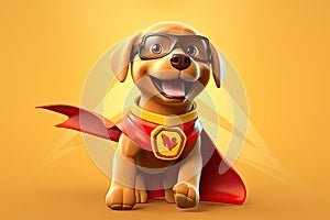 Super Woofs: A 3D-Rendered Dog\'s Heroic Transformation on Orange Golden Gradient Background