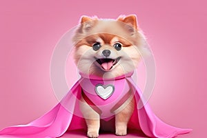 Super Woofs: A 3D-Rendered Dog\'s Heroic Transformation on Pink Gradient Background