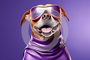 Super Woofs: A 3D-Rendered Dog\'s Heroic Transformation on Violett Gradient Background