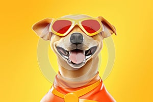 Super Woofs: A 3D-Rendered Dog\'s Heroic Transformation on Yellow Gradient Background