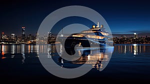 Super Yacht at Night, Cruising Along City Skyline