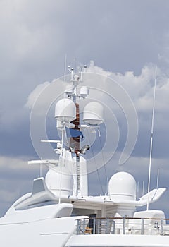 Super yacht top deck with navigational radar, sonar