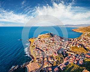 Superb evening view from flying drone of Castelsardo port