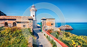 Superb morning view of Zafferano cape with old lighthouse. Wonderful summer seascape of Mediterranean sea, Sicily, Italy, Europe.