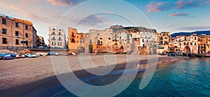 Superb spring cityscape of Cefalu town. Wonderful evening seascape of Mediterranean sea, Sicily, Italy, Europe.