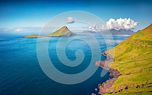 Superb summer view from flying drone Koltur island. Wonderful morning scene of Faroe Islands, Denmark,