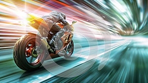 A superbike speeds away from the camera, vibrant colors popping. The environment is a blur of motion.