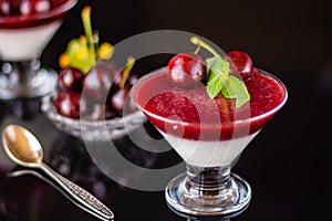 Superbly cooked panna cotta with cherry jelly in glasses