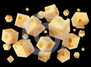 Superbly retouched cheese cubes fly and levitate in space. Isolated not black
