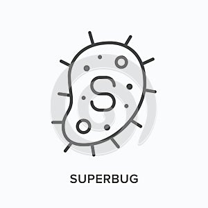 Superbug flat line icon. Vector outline illustration of bacteria. Black thin linear pictogram for microbiome photo