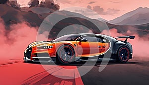 Supercar Drifting On Circuits Grand Turismo Supercar Long Shot Angle, Picture Using Orange And Black Color Theme photo