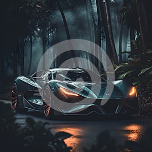 Supercar with green paint in the forest made with generative AI photo