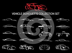 Supercar and regular car vehicle silhouette collection set.