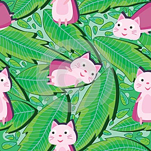 Supercat and drawing leaves seamless pattern