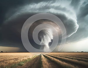 Supercell cloud tornado on the empty field