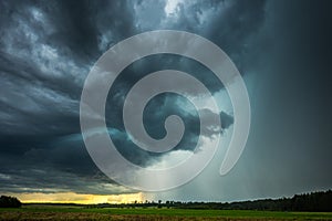 Supercell storm clouds with intense tropic rain