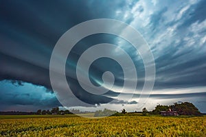 Supercell storm clouds with intense tropic rain