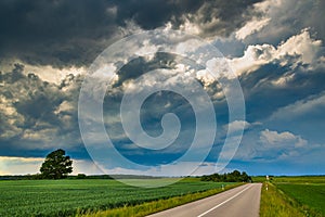 Supercell storm clouds with wall cloud and intense rain