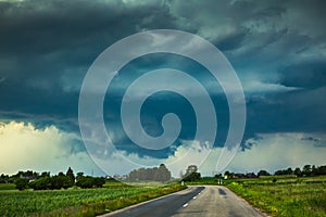 Supercell storm clouds with wall cloud and intense rain