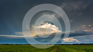 Supercell storm clouds with wall cloud and intense rain