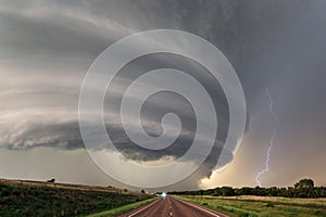 Supercell thunderstorm with dramatic storm clouds and lightning