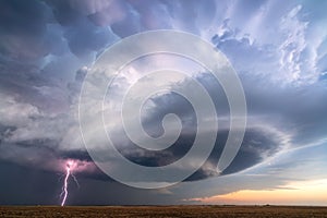 Supercell thunderstorm with lightning bolt and dark storm clouds photo