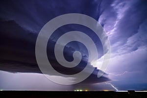 Supercell thunderstorm with lightning during a severe weather outbreak