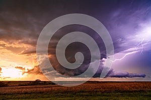 Supercell thunderstorm with lightning and storm clouds