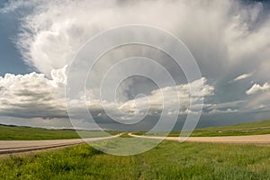 A supercell thunderstorm over the highway in South Dakota