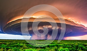 A supercell thunderstorm, presence of a mesocyclone. Moisture streams in from the side of the precipitation-free base