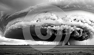 A supercell thunderstorm, presence of a mesocyclone. Moisture streams in from the side of the precipitation-free base