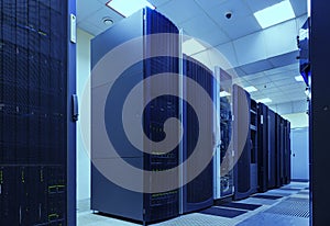Supercomputer clusters in the room of modern data center photo