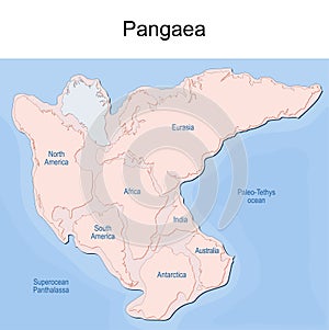 Supercontinent Pangaea with modern continental borders, Superocean Panthalassa, and Paleo-Tethys Ocean photo