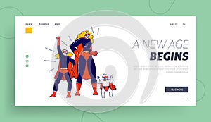 Superfamily Landing Page Template. Family Mother, Baby and Daughter Characters in Superhero Costumes