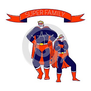 Superfamily, Parent and Child Relations Concept. Happy Family Dad and Son Characters in Superhero Costumes