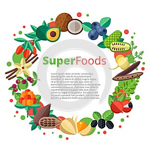 Superfood background with fruits, vegetables, berries, nuts and