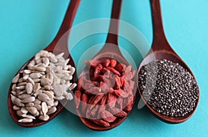 Superfood seeds arranged in three wooden spoon