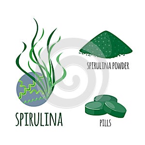 Superfood spirulina set in flat style.