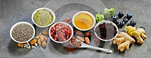 Superfoods panoramic banner for a healthy diet