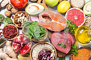 Superfoods on white background. Healthy nutrition.