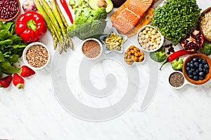 Superfoods on white background. Healthy nutrition border design