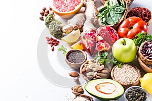 Superfoods on white background. Healthy vegan nutrition.