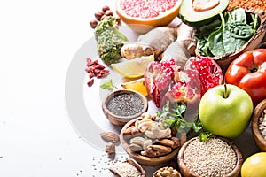 Superfoods on white background. Healthy vegan nutrition.