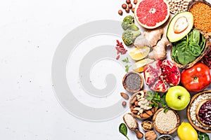 Superfoods on white background. Healthy vegan nutrition.