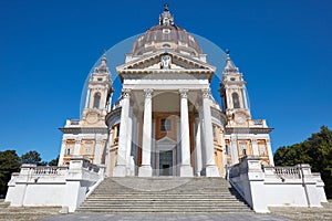 Superga basilica in Turin frontal view, nobody in a sunny day in Italy