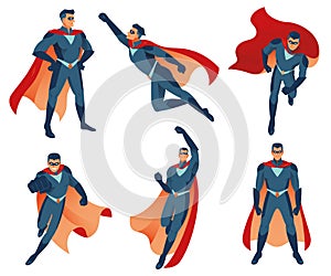 Superhero actions icon set in cartoon colored style different poses vector illustration.