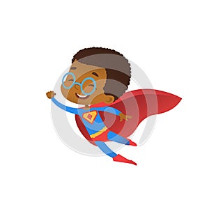 Superhero African Cute Kid Fly Costume Flat Vector. Happy Smile Little Brave Boy Wear Red Cape. Cool Strong Defender