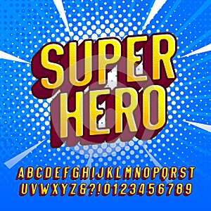 Superhero alphabet font. Letters and numbers in retro comic style. Halftone background.