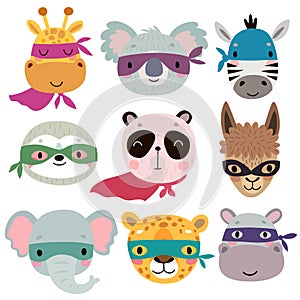 Superhero animal faces. Cute Hand drawn characters